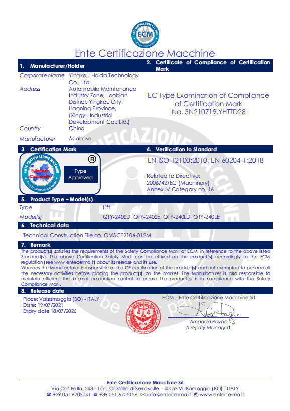 ECM EC Type CE Certificate No.3N210719-YHTTD28 for auto lift machinery