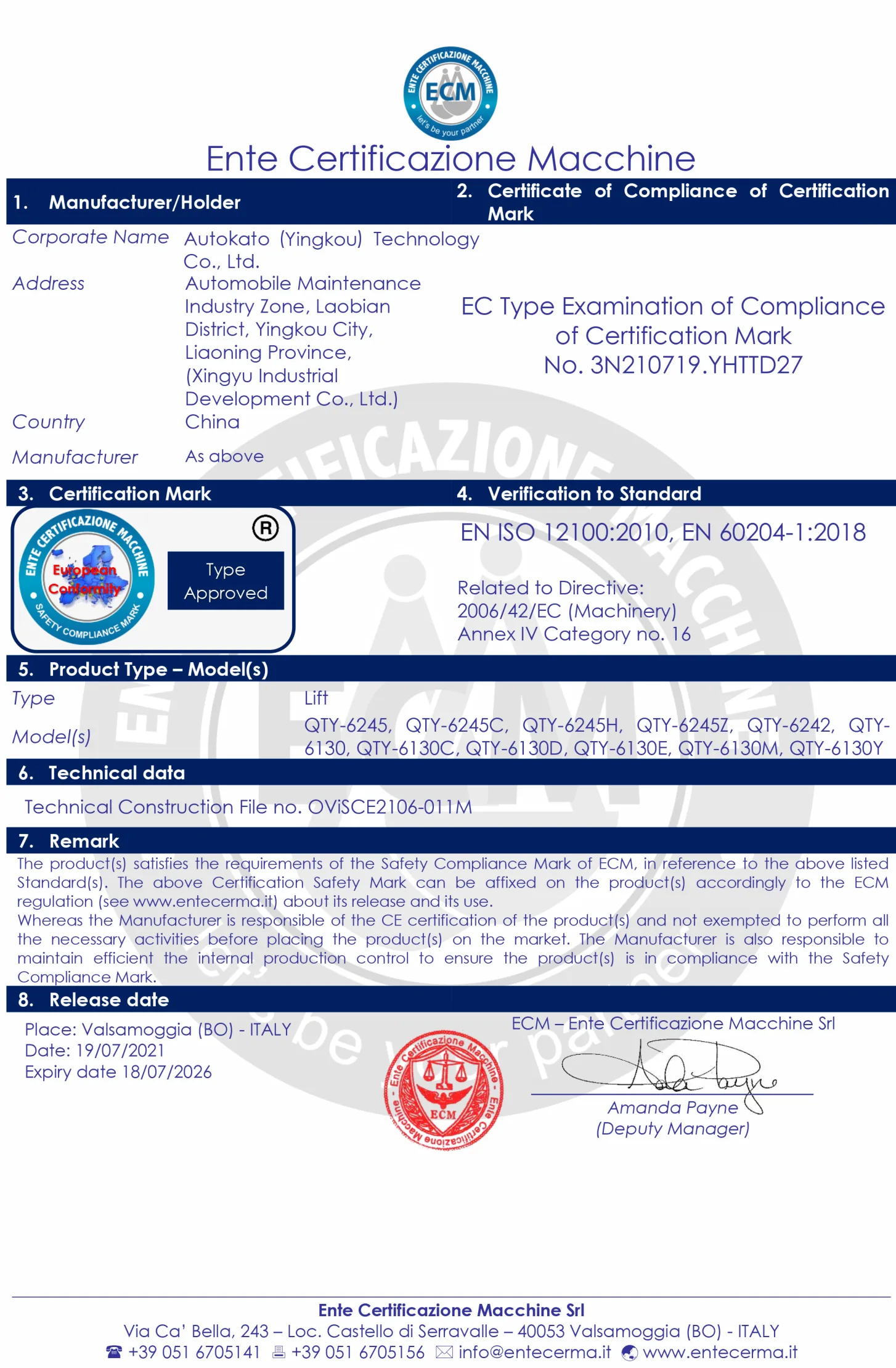 Autokato equipment certification document preview